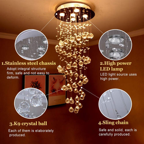 Etelux Chandelier Modern Crystal Raindrop Ceiling Lights Flush Mount LED Pendant lightswith 5 Lights for Dining Room Bathroom Bedroom Living Room