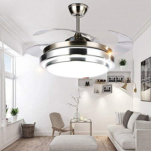 Ceiling Fan with Light, Modern 4 Retractable Blades 42inces Ceiling Fan Chandelier with Remote Control for Indoor Living Room Bedroom