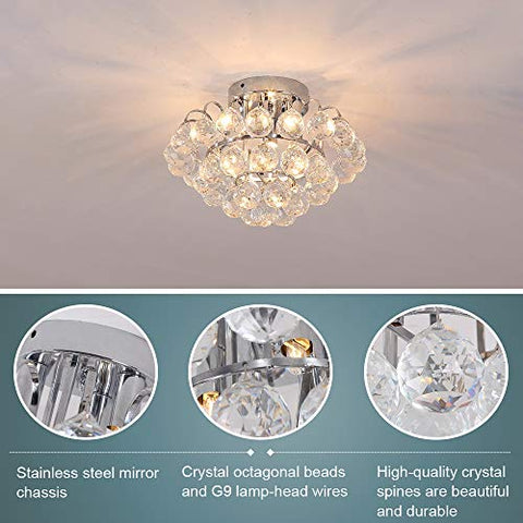 Crystal Chandelier, Mini Crystal Ceiling Light, Flush Mount Chrome Finish Crystal Pendant Lamp for Study Room, Dining Room, Bedroom, Living Room